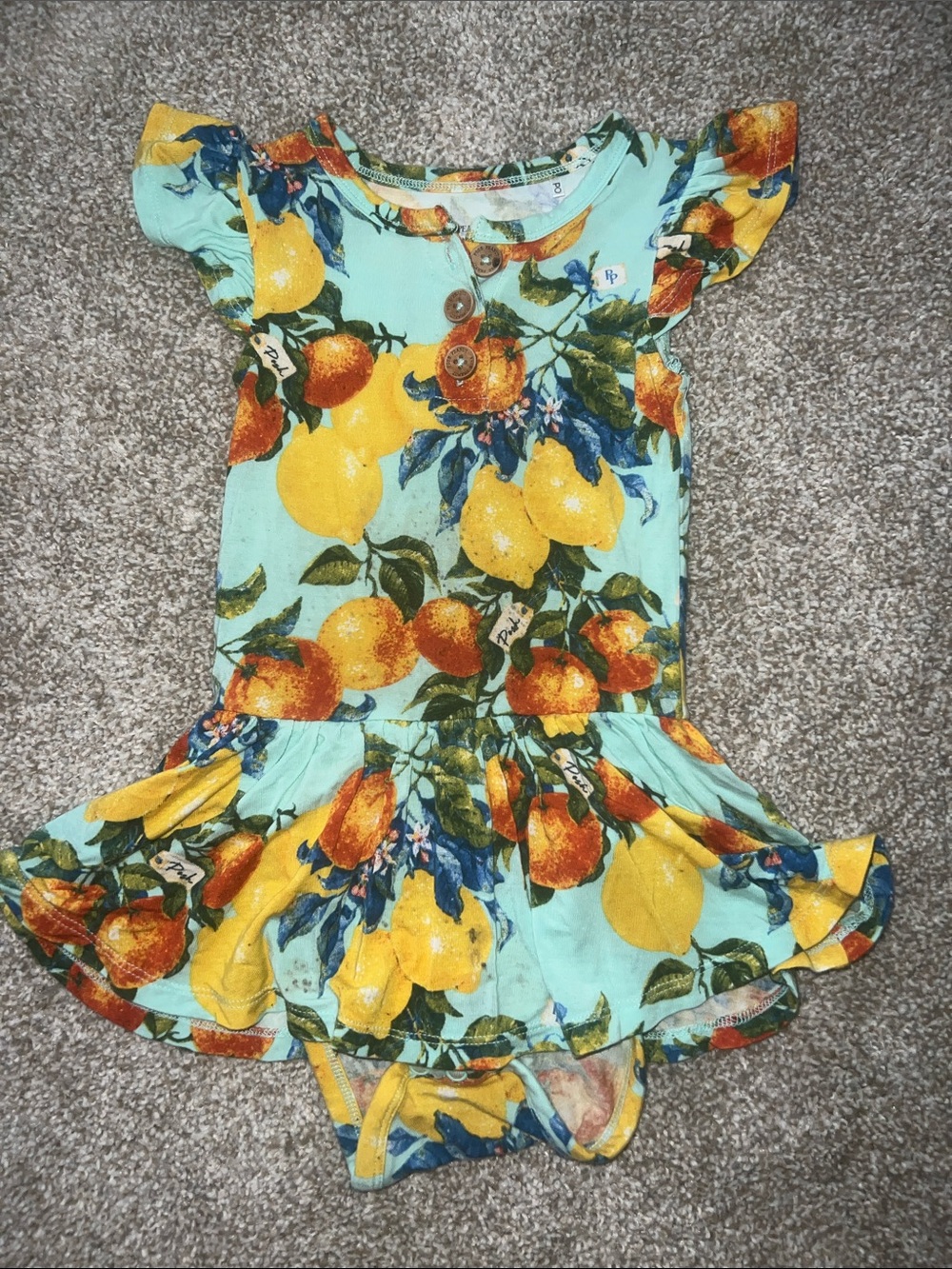Posh Peanut Lemon Print Flutter Romper Dress - Mint & Yellow